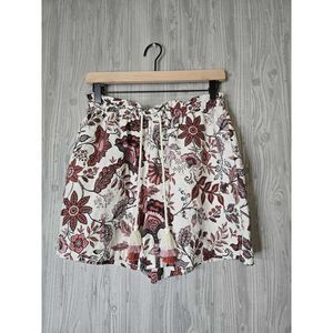 Joie Women’s Linen Blend Floral Drawstring Shorts Size 2 Boho Tassel Hem Red Pin